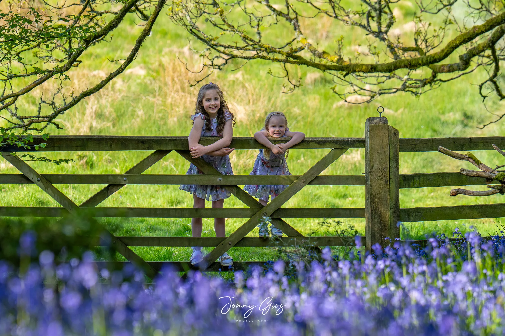 Jonny Gios kids on a gate amongst bluebells