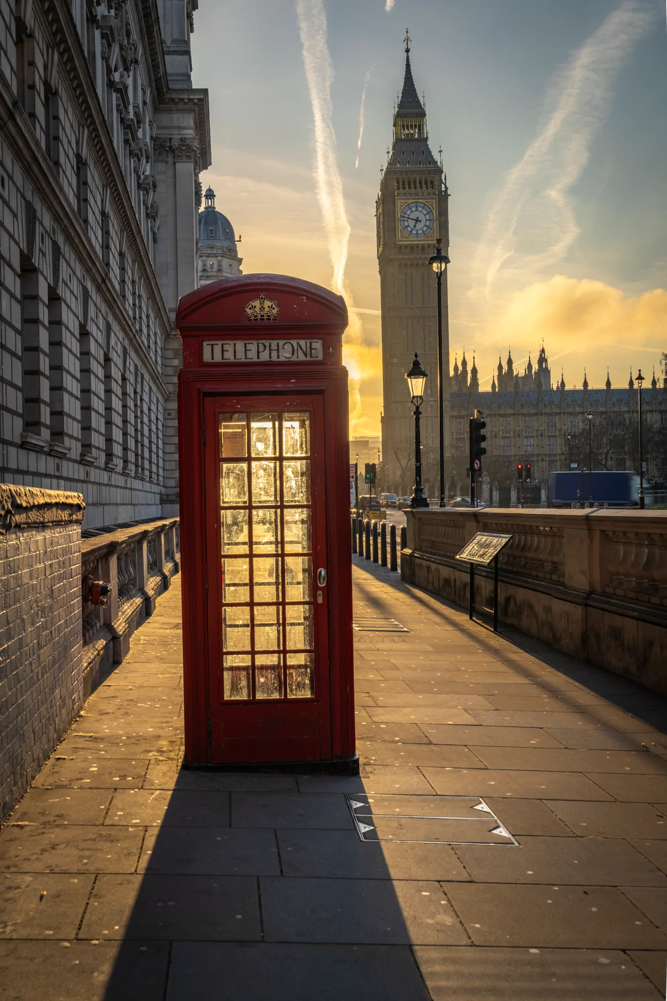 London phone box at dawn