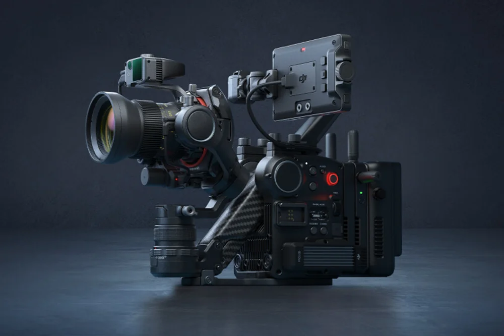 DJI Ronin 4D 6K cinema camera with E-mount lens and integrated gimbal, displayed in a studio setting.